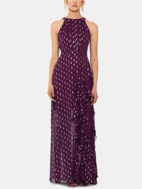 BETSY & ADAM Karina Chiffon Foil Ruffle Tie Neck Maxi Dress Gown - 6 - Burgundy